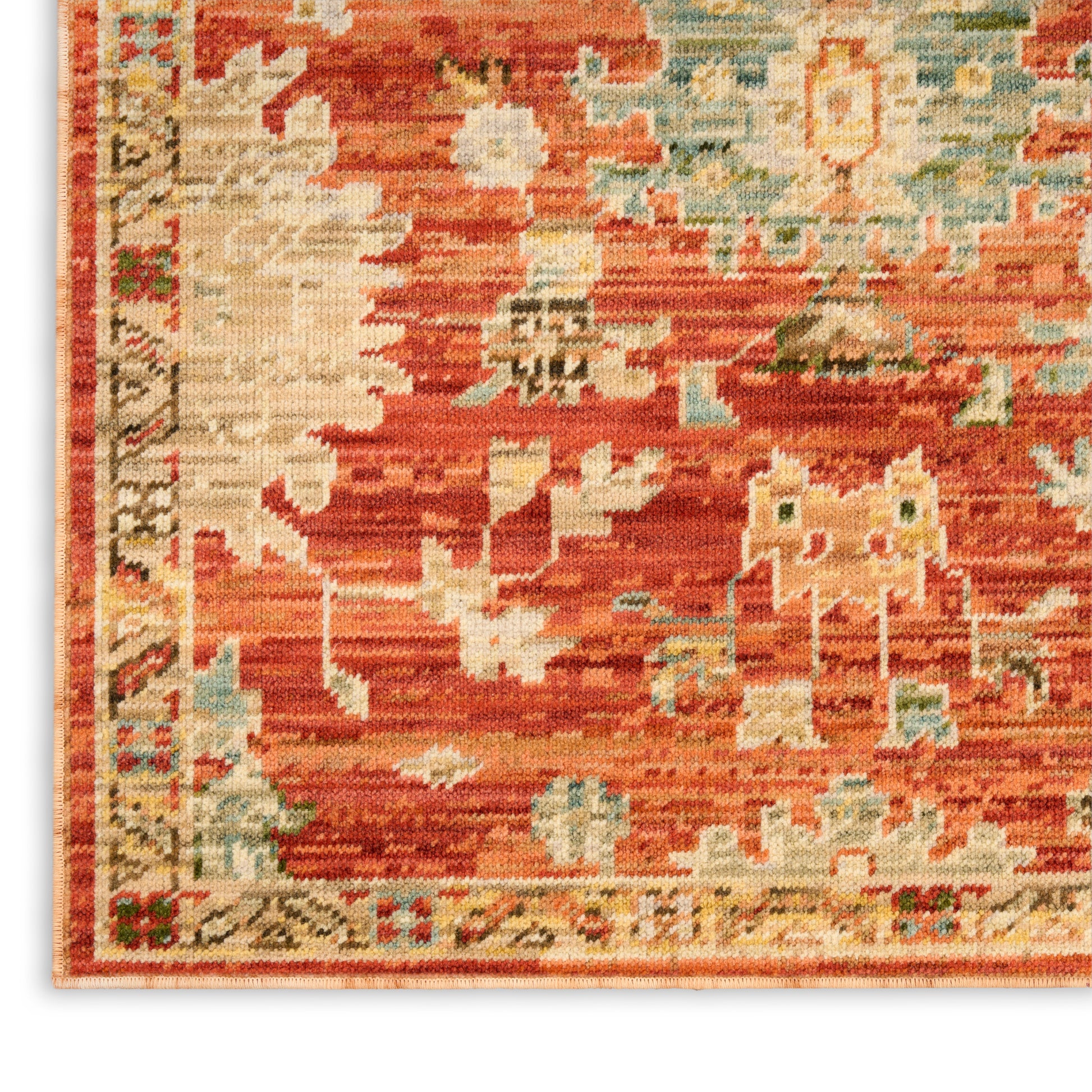 Rectangular red oriental runner with cream border and geometric ivory, blue, and green motifs; wool Kilim style.