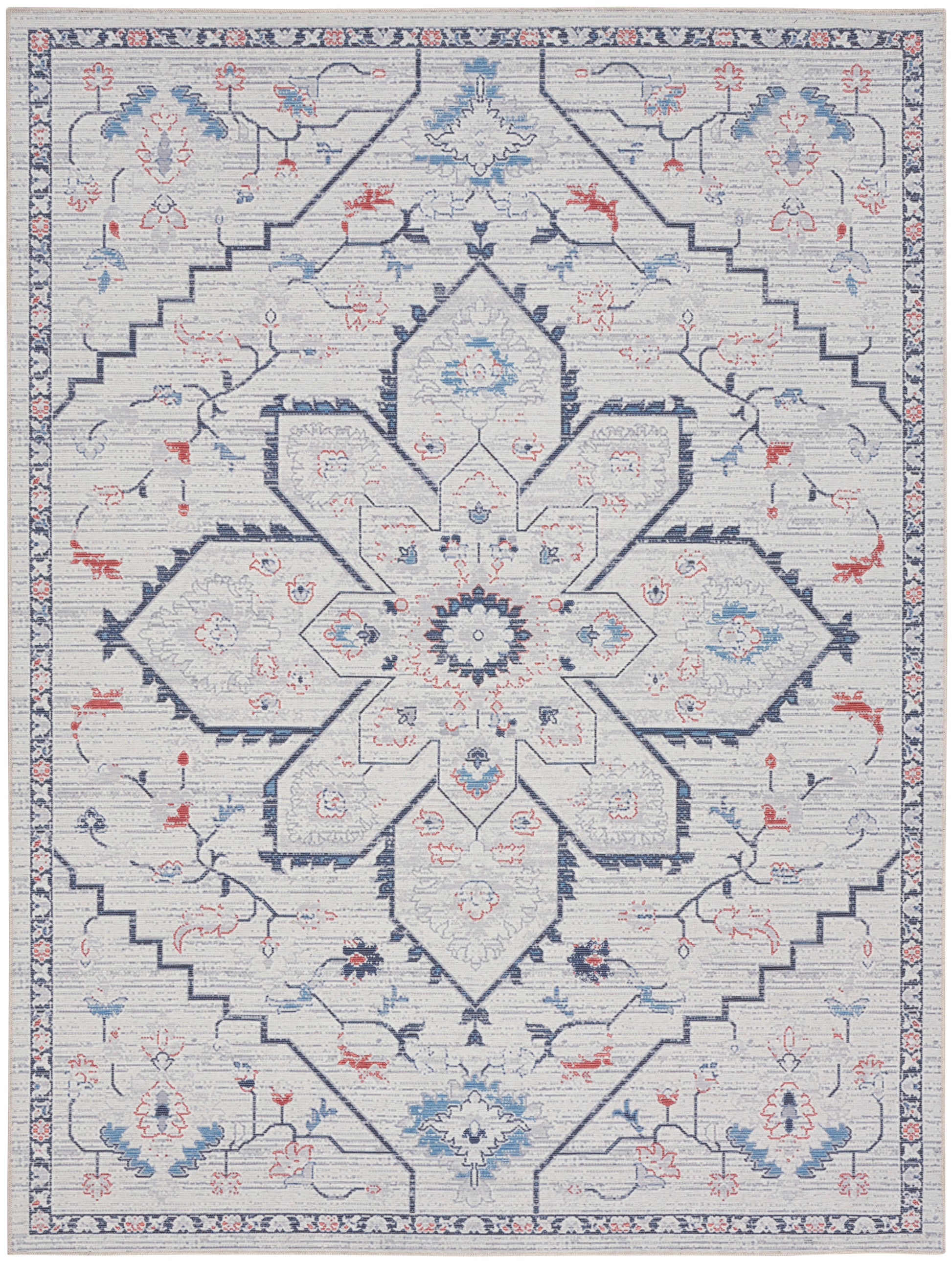Light gray-blue oriental rug with a bold navy central star medallion, pale blue and coral floral accents, rectangular.