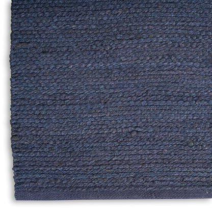 Navy blue looped-pile fabric with dense texture and bound edge; close-up of rug or bath mat.