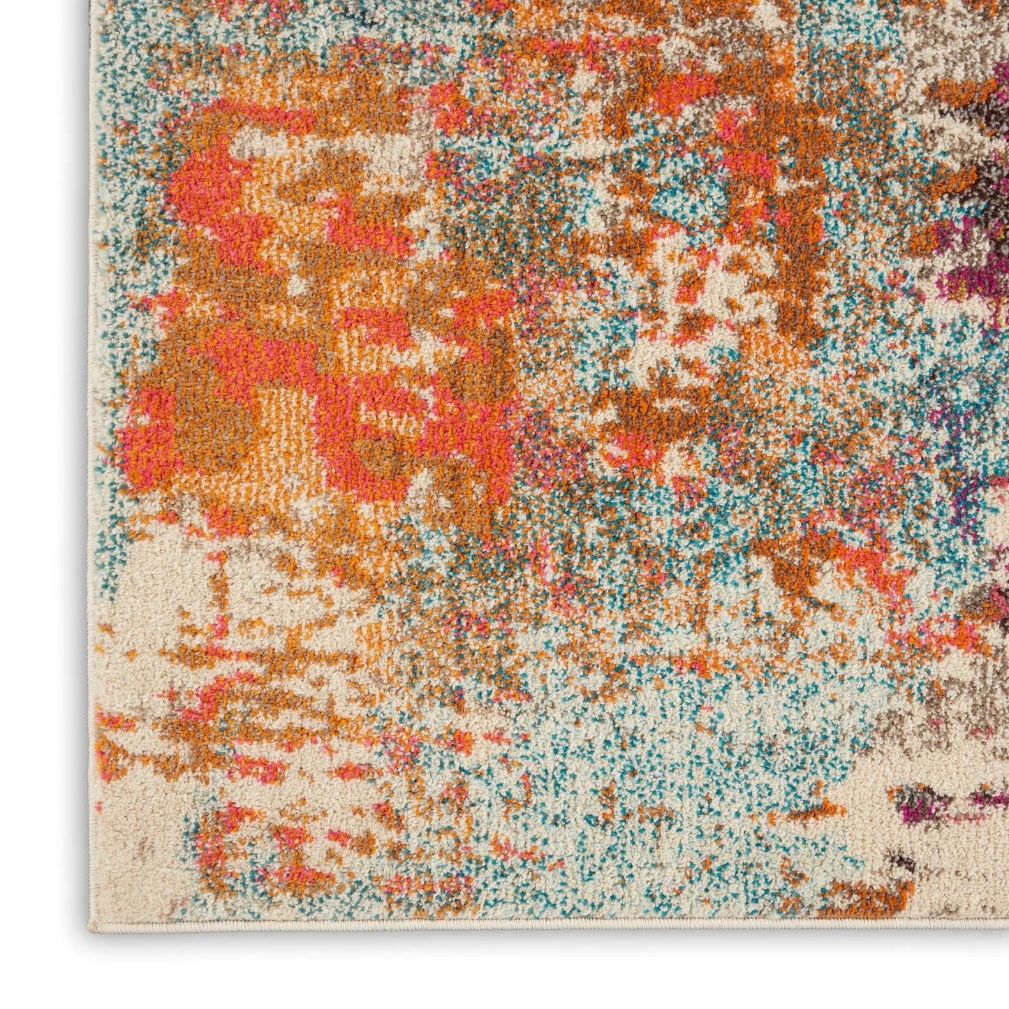 Rectangular plush high-pile rug with a vibrant abstract pattern in orange, pink, teal and beige.