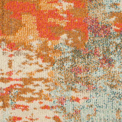 Plush shag area rug with abstract multicolor pattern in pink, orange, cream & teal.