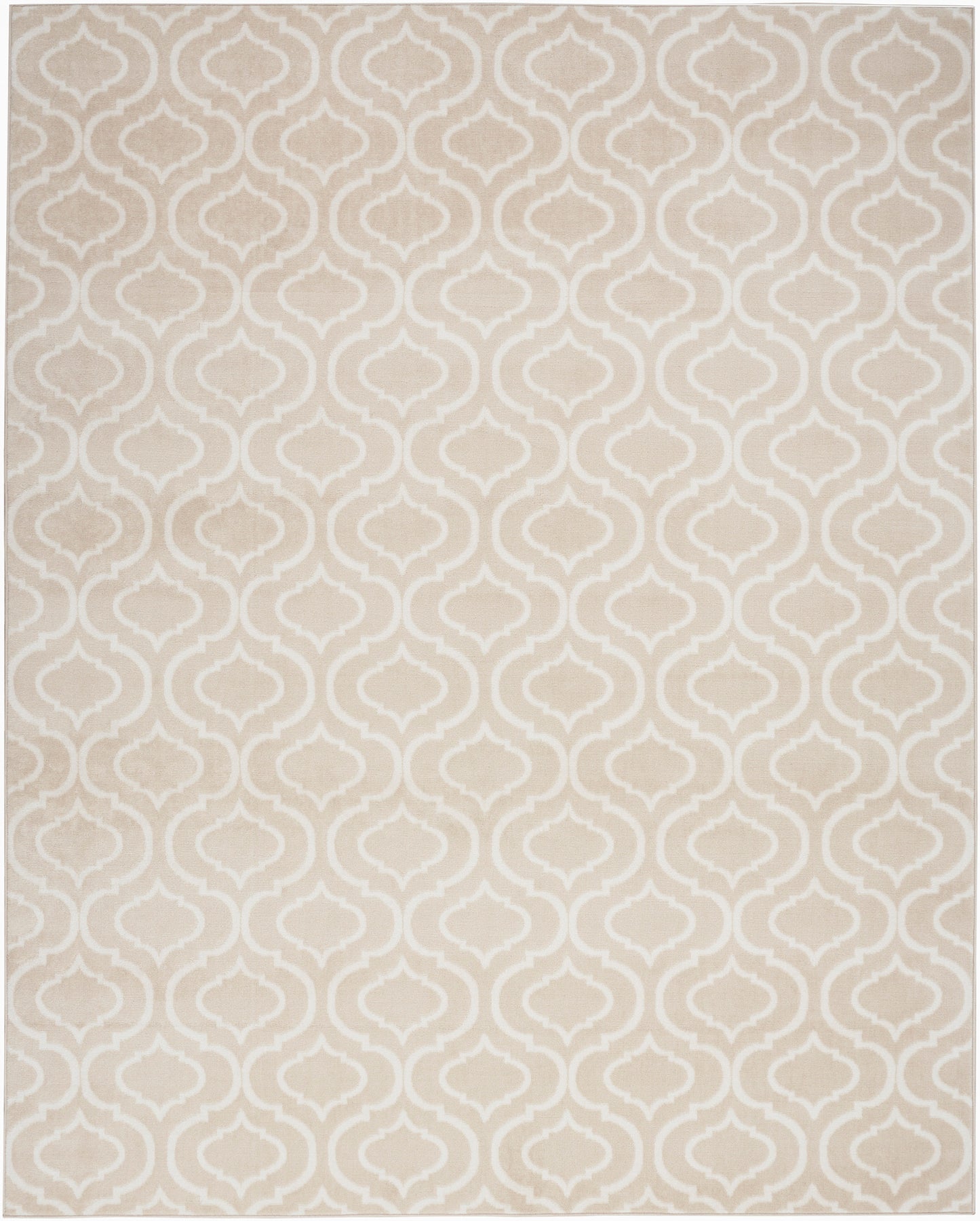Rectangular beige rug with cream trellis geometric pattern, soft woven texture; neutral floor covering for living spaces.