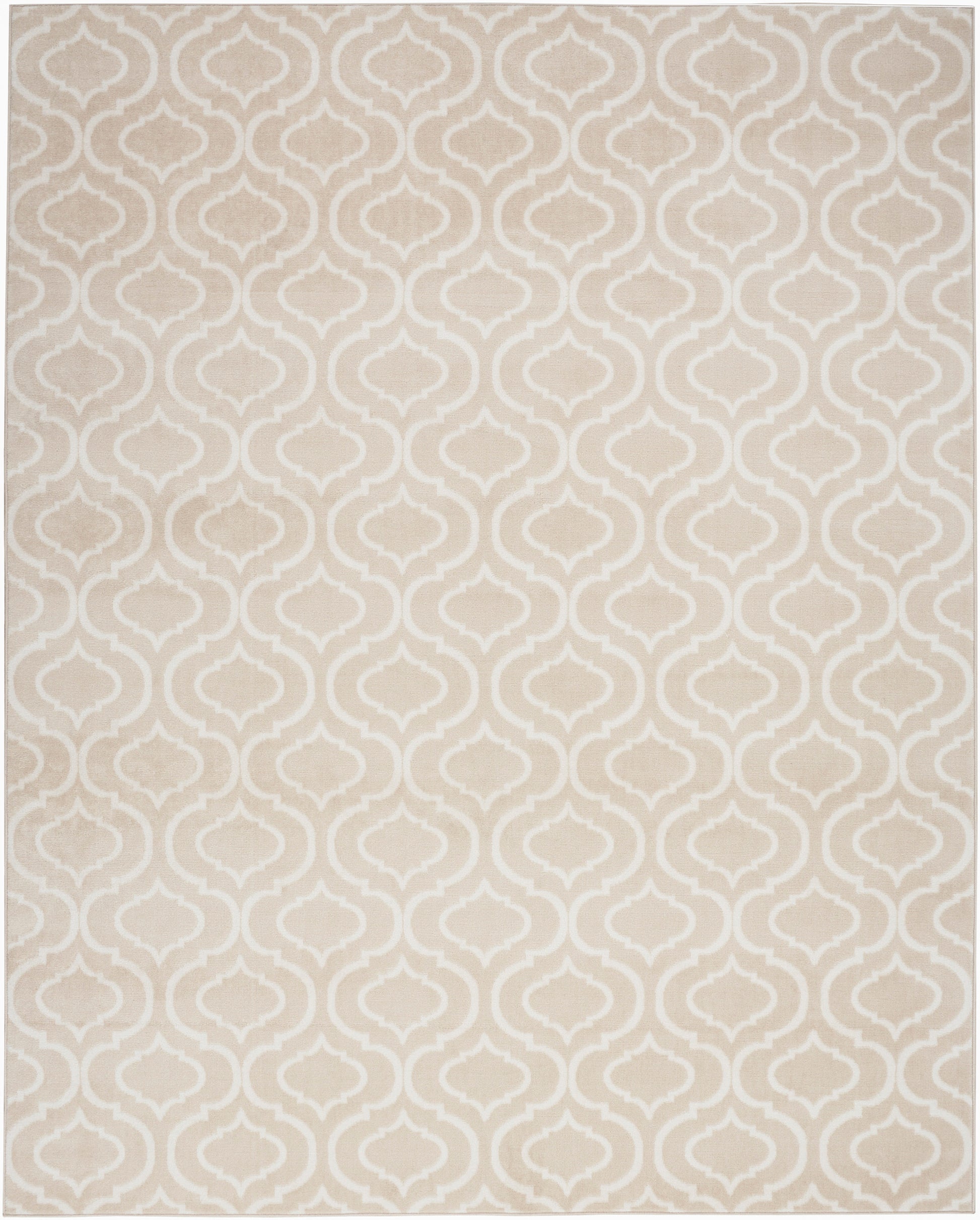 Rectangular beige rug with cream trellis geometric pattern, soft woven texture; neutral floor covering for living spaces.