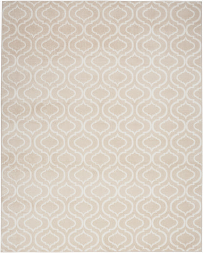Rectangular beige rug with cream trellis geometric pattern, soft woven texture; neutral floor covering for living spaces.