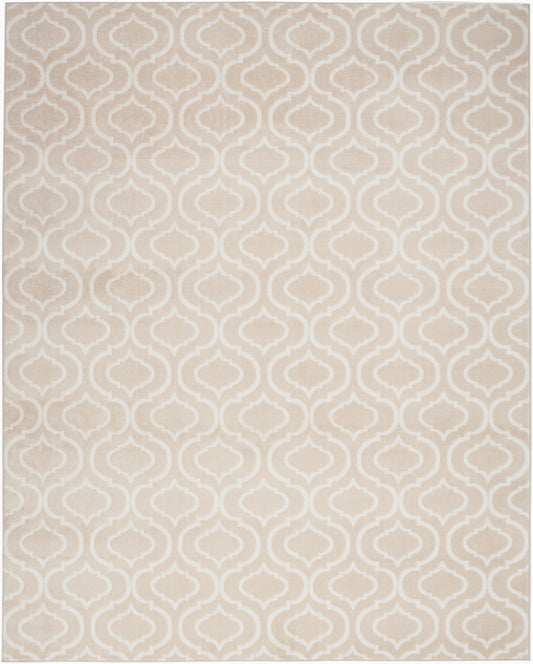 Rectangular beige rug with cream trellis geometric pattern, soft woven texture; neutral floor covering for living spaces.