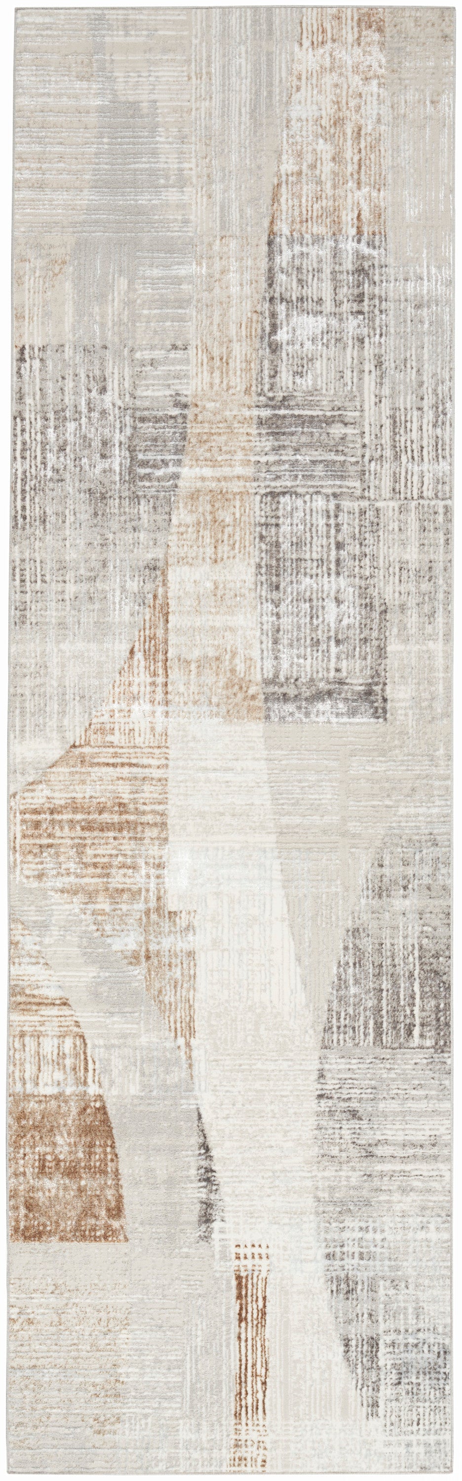 Rectangular area rug with abstract patchwork in beige, taupe, gray and cream; distressed textures for a modern look.