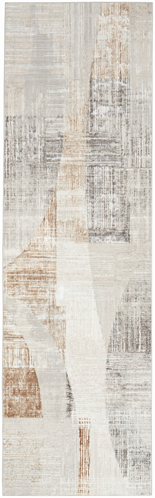 Rectangular area rug with abstract patchwork in beige, taupe, gray and cream; distressed textures for a modern look.