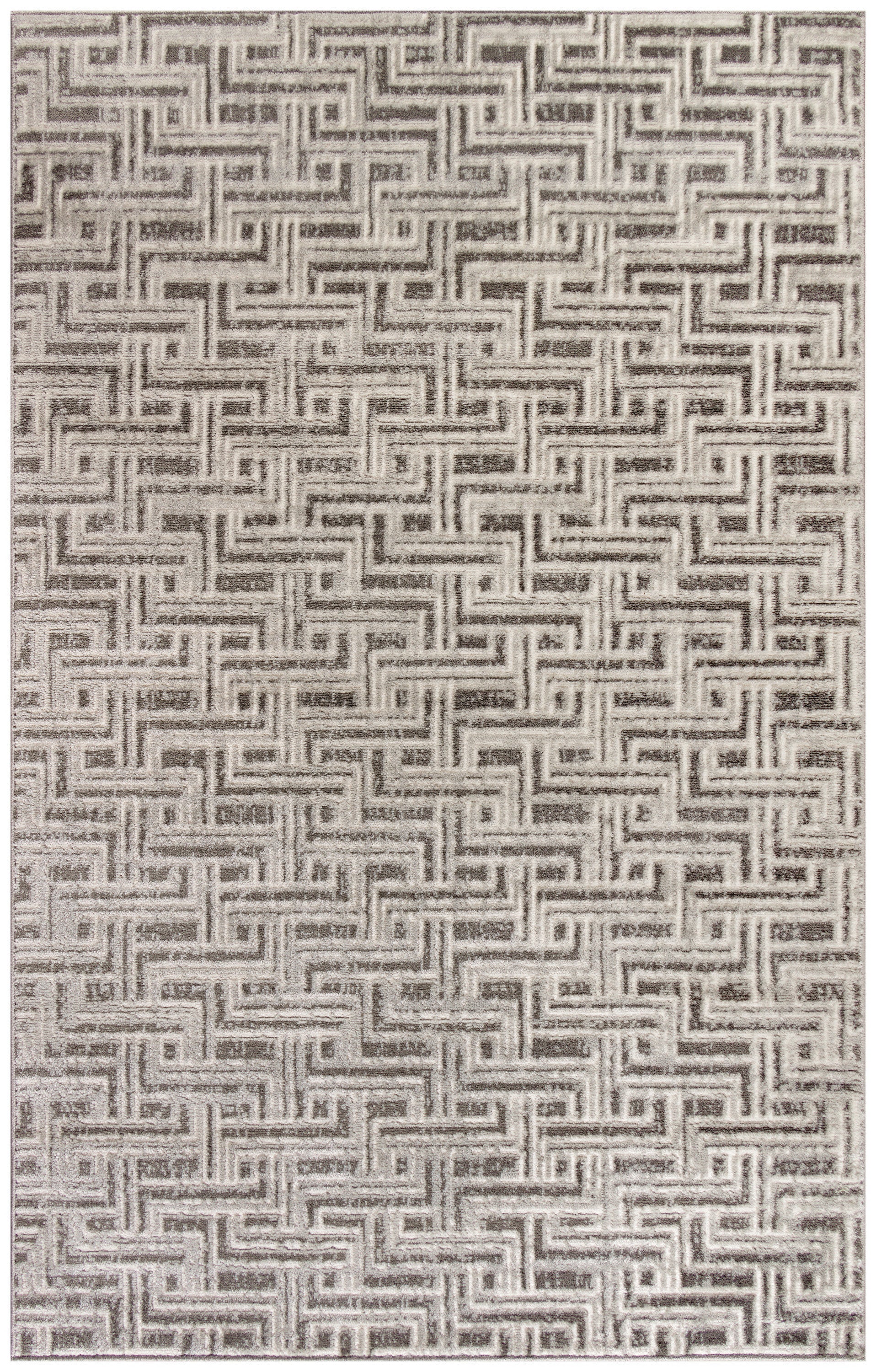 Beige rug with brown geometric interlocking maze motif, modern Greek-key style.