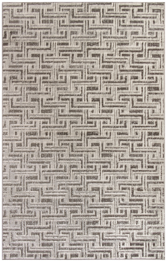 Beige rug with brown geometric interlocking maze motif, modern Greek-key style.