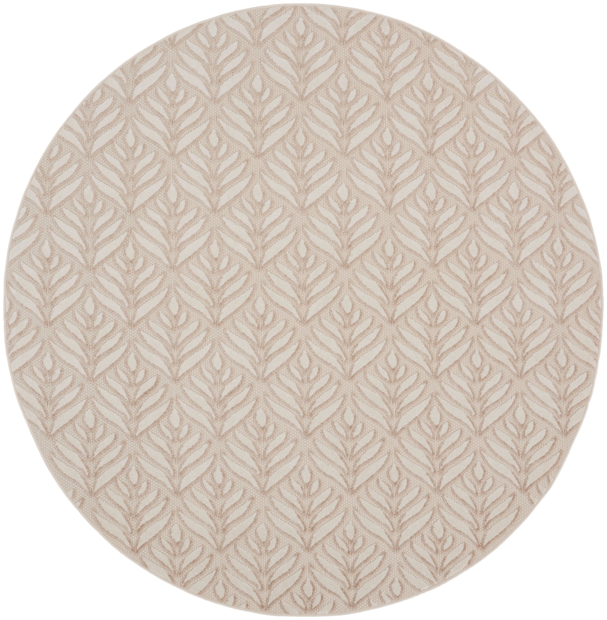 Round beige rug with subtle raised taupe leaf motif.