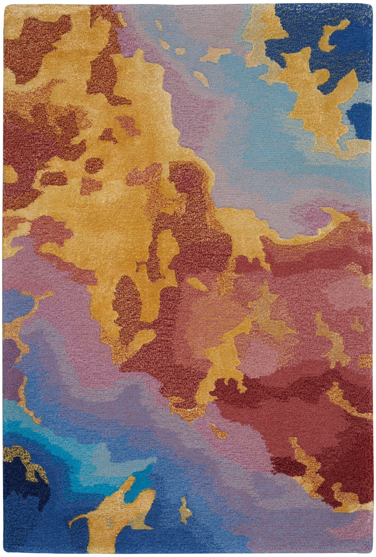 Rectangular abstract area rug with vibrant orange, yellow, red, blue and purple blotches; textured modern design.