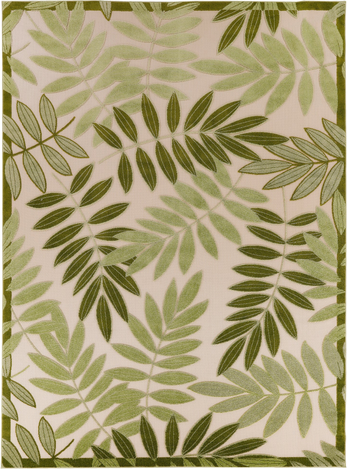 Beige textile with layered olive-green and sage fern leaves, framed by a dark green border.