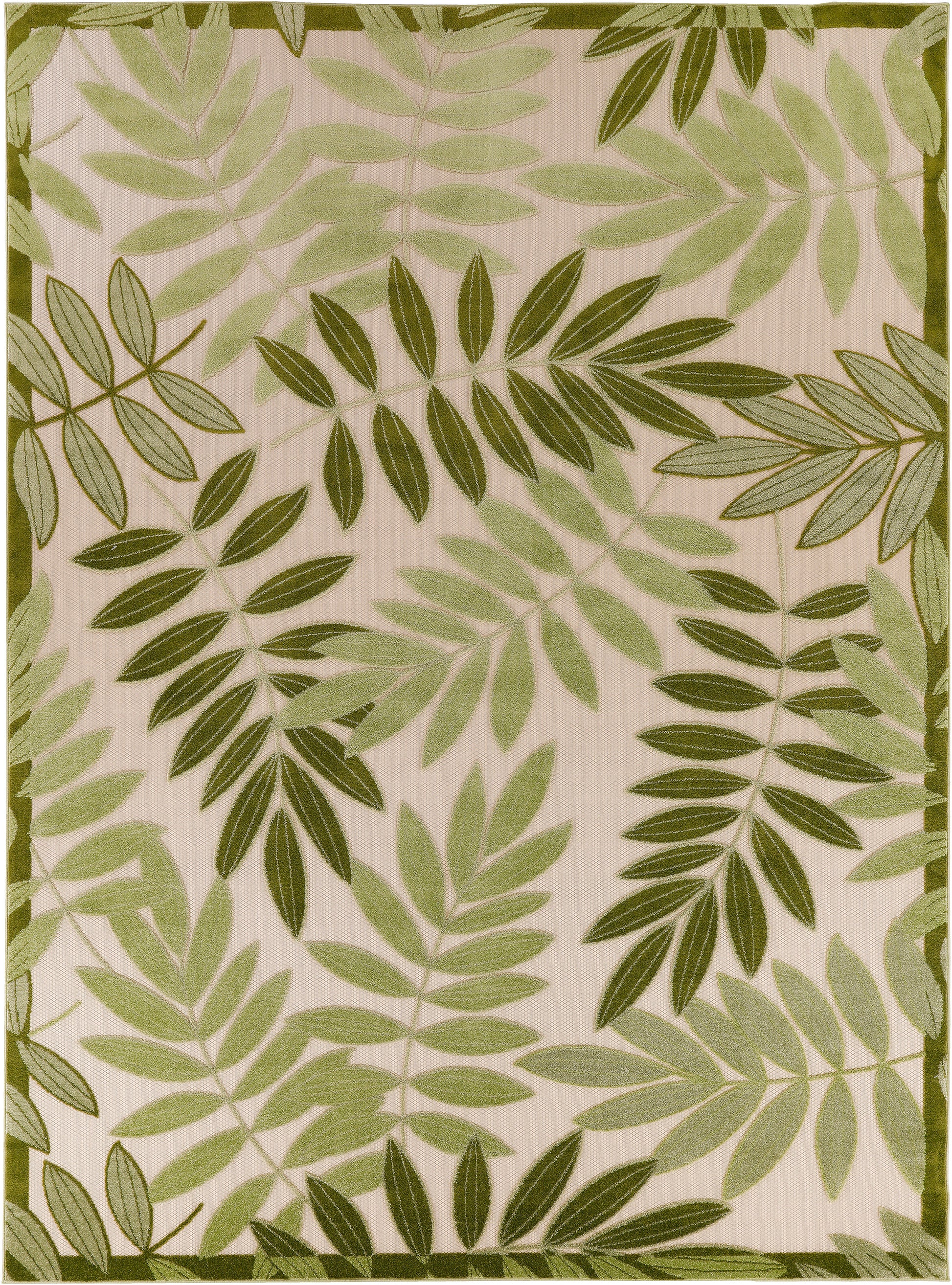 Beige textile with layered olive-green and sage fern leaves, framed by a dark green border.