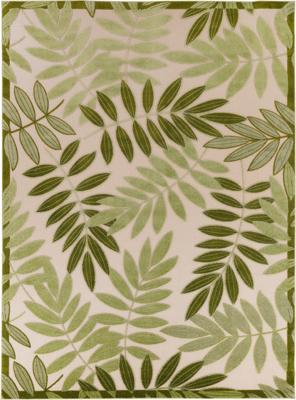 Beige textile with layered olive-green and sage fern leaves, framed by a dark green border.