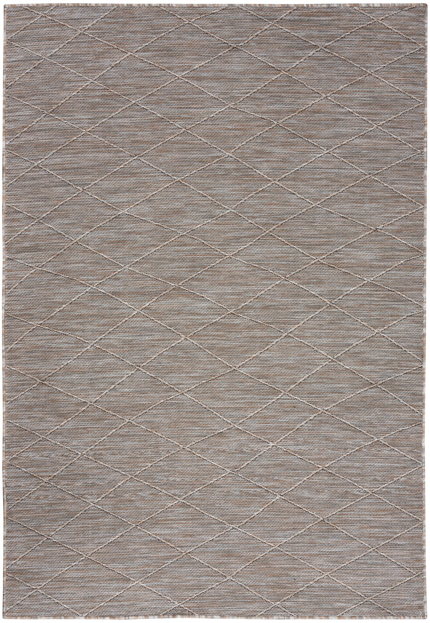 Taupe-gray rectangular woven rug with a subtle diamond lattice pattern.