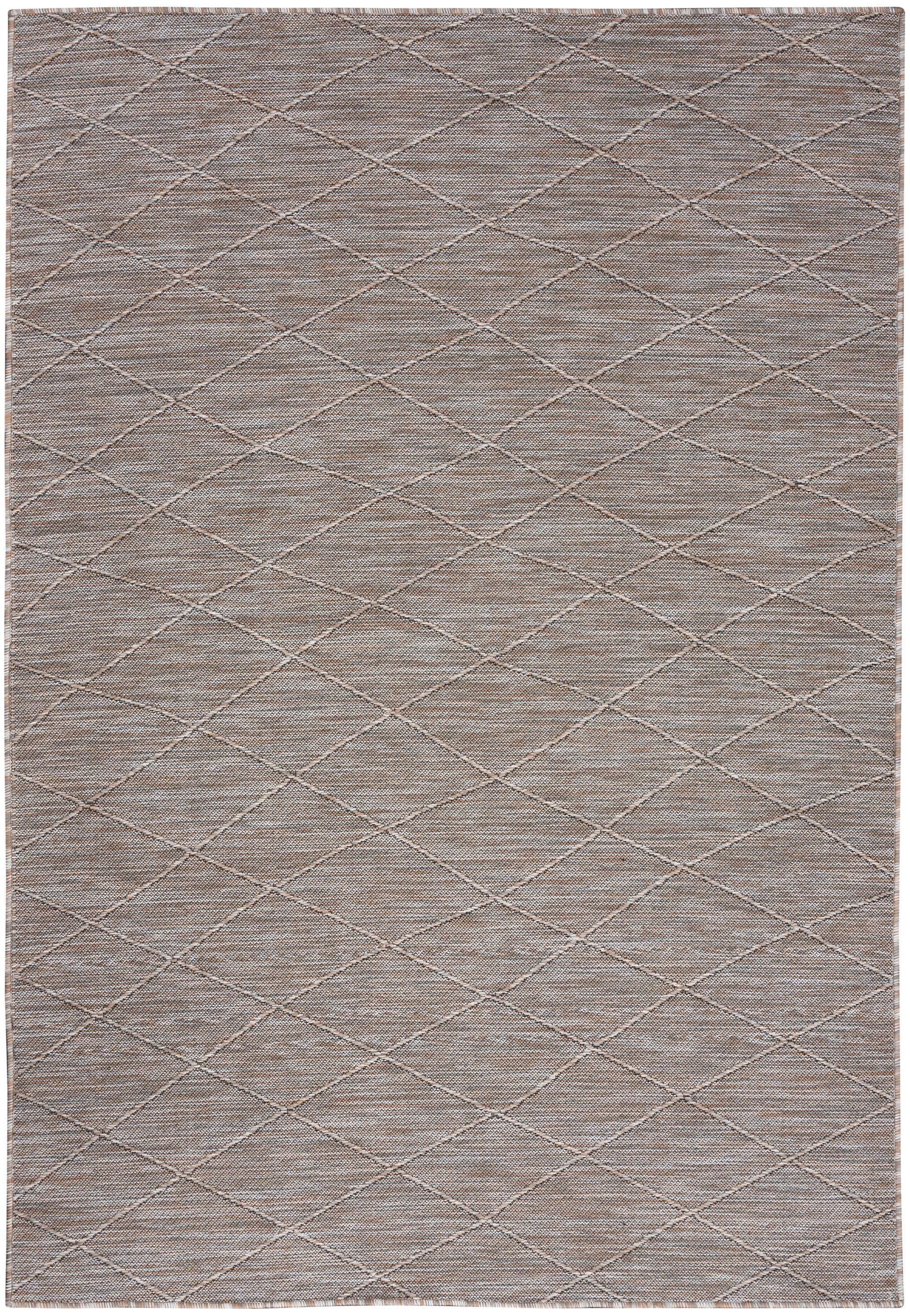 Taupe-gray rectangular woven rug with a subtle diamond lattice pattern.