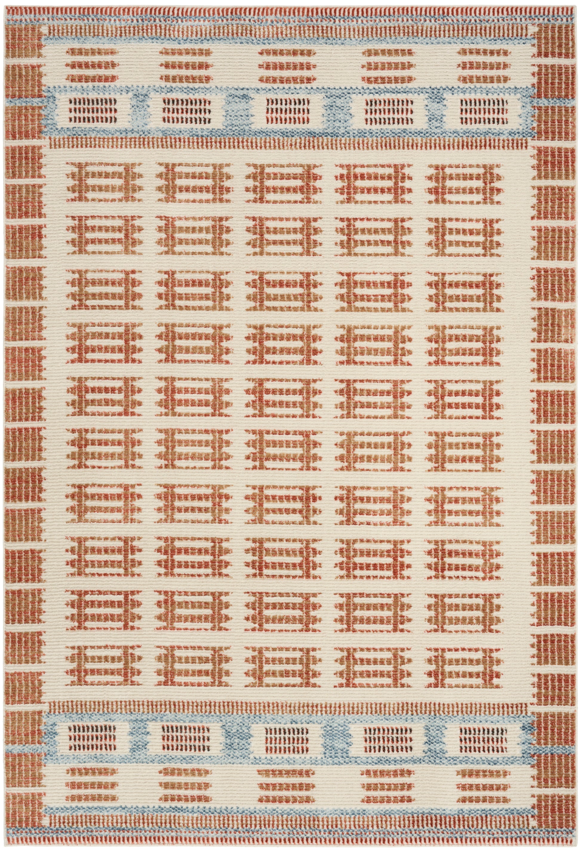 Rectangular rug with cream field, rust geometric lattice motifs, and blue-rust border bands; boho kilim style.