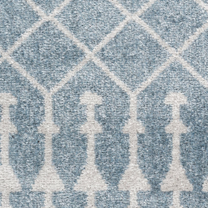 Blue-gray rug with white trellis diamond lattice and vertical motif, textured plush pile.