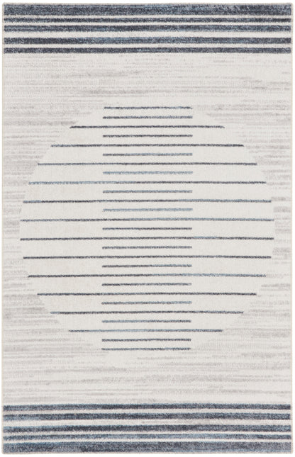 Light gray rug with navy top and bottom stripes and a center circle formed by thin horizontal lines.