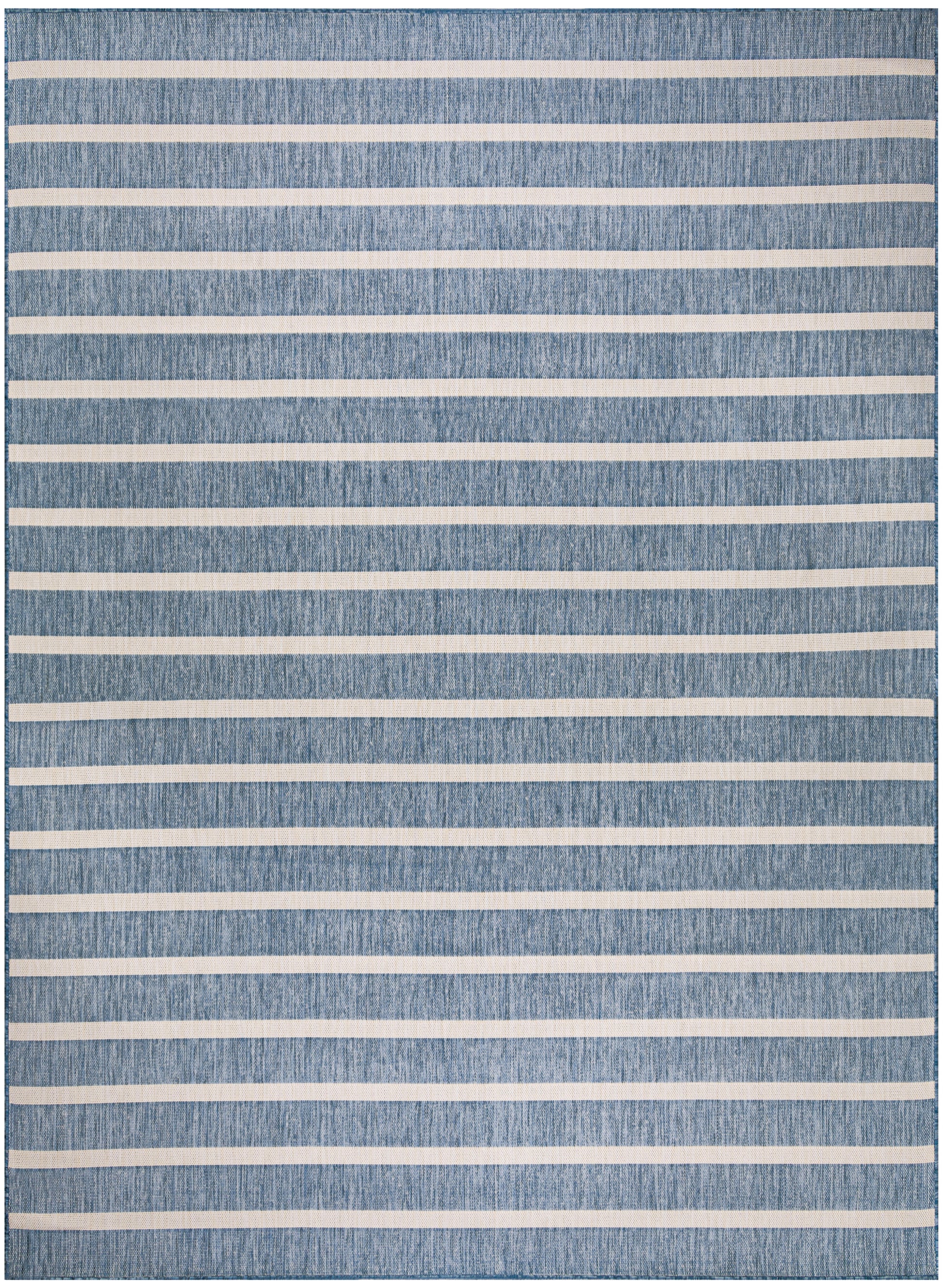 Blue denim-textured rug with white horizontal stripes; rectangular area rug for living room, 8' x 10'.