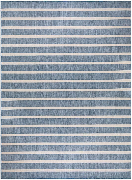 Blue denim-textured rug with white horizontal stripes; rectangular area rug for living room, 8' x 10'.