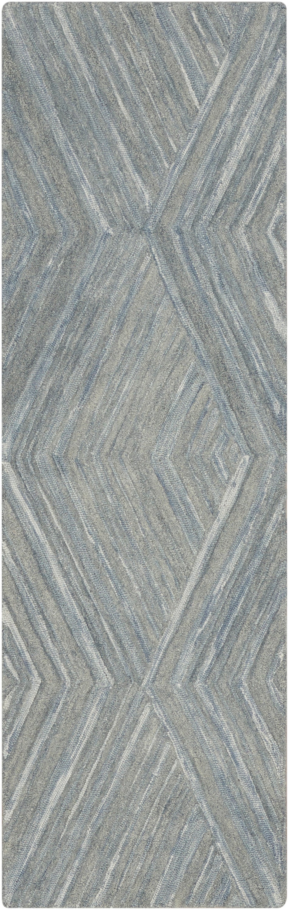 Blue-gray woven rug runner with geometric chevron/diamond pattern and soft textured pile.