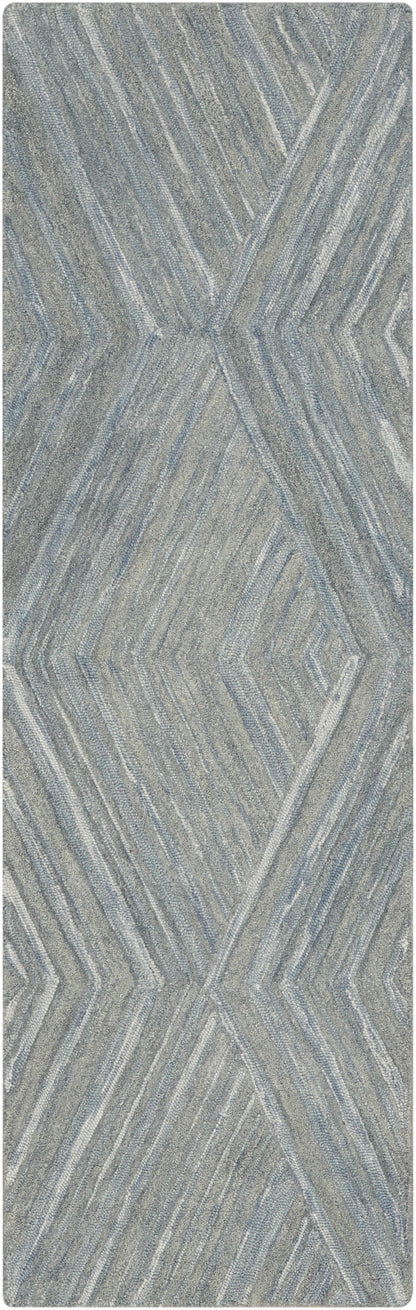 Blue-gray woven rug runner with geometric chevron/diamond pattern and soft textured pile.