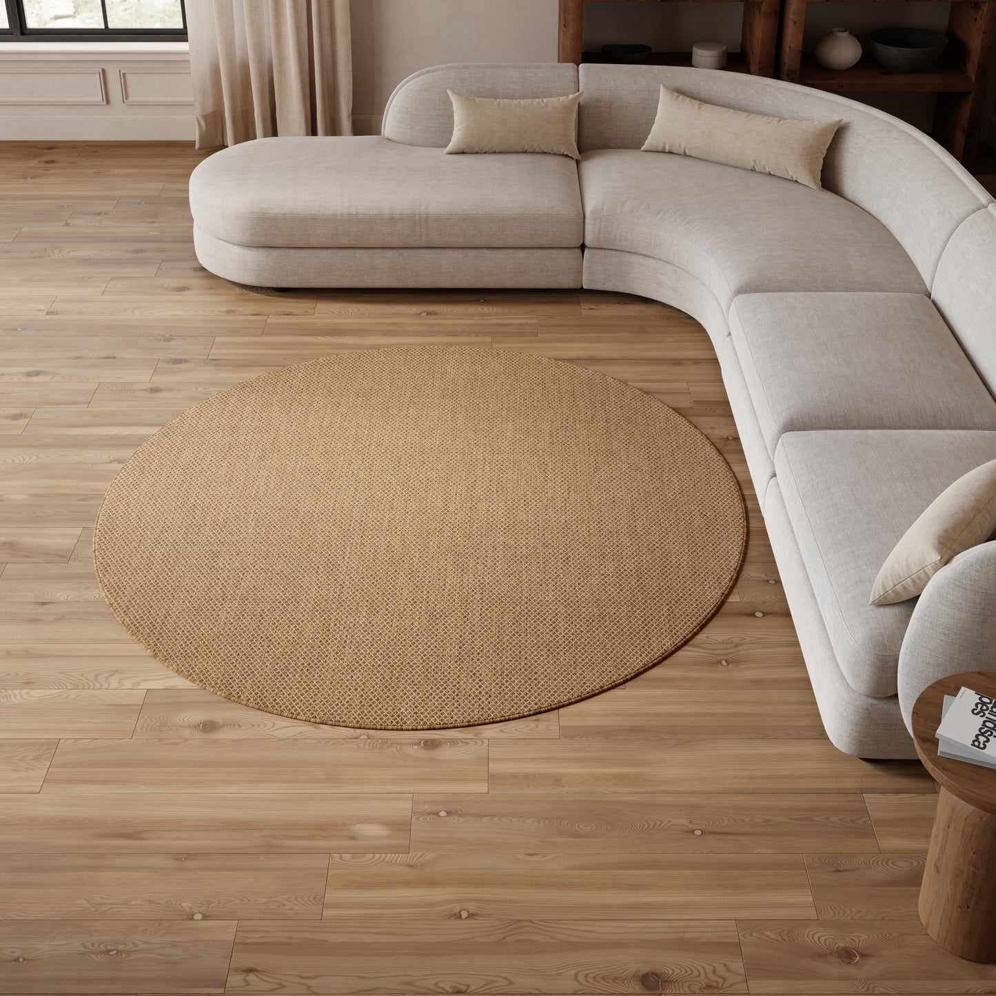 Light beige round rug (8' round) in a cozy modern living room.