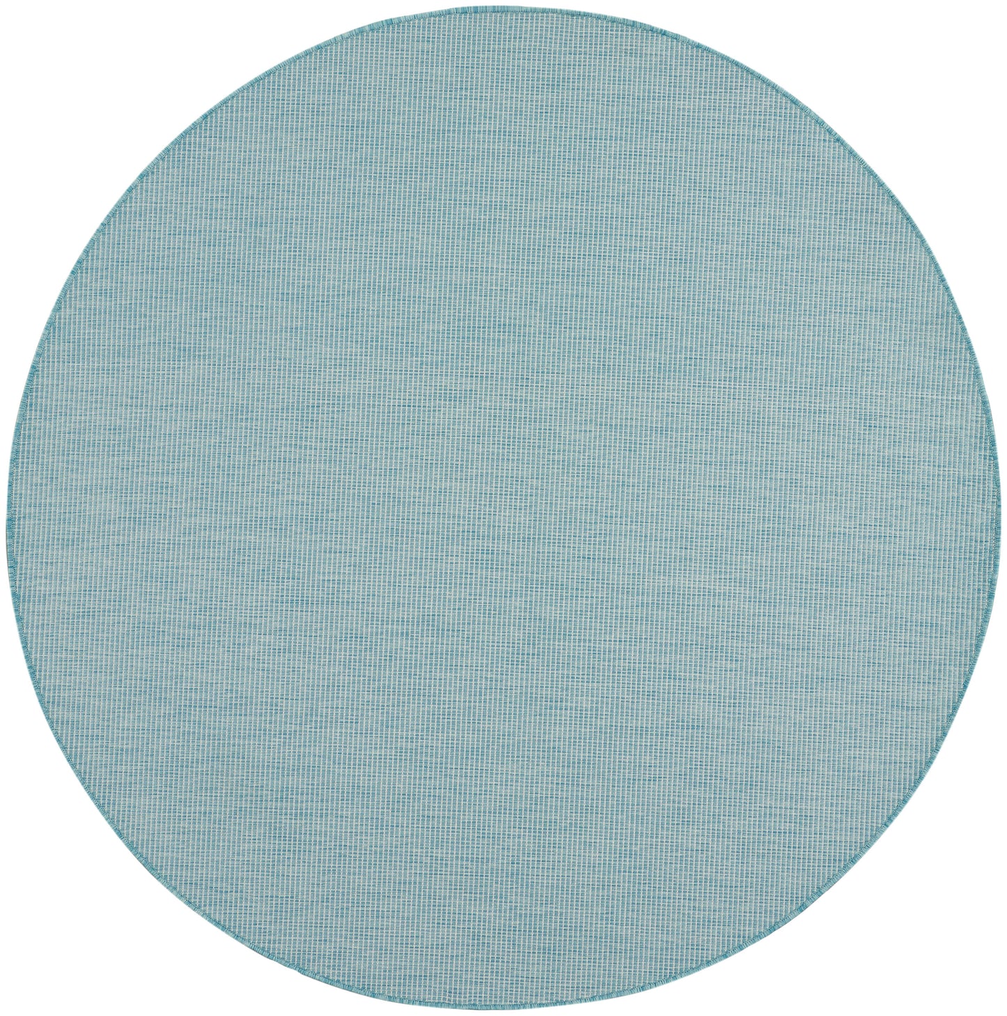 Round teal woven rug with grid texture and subtle stitched edge.