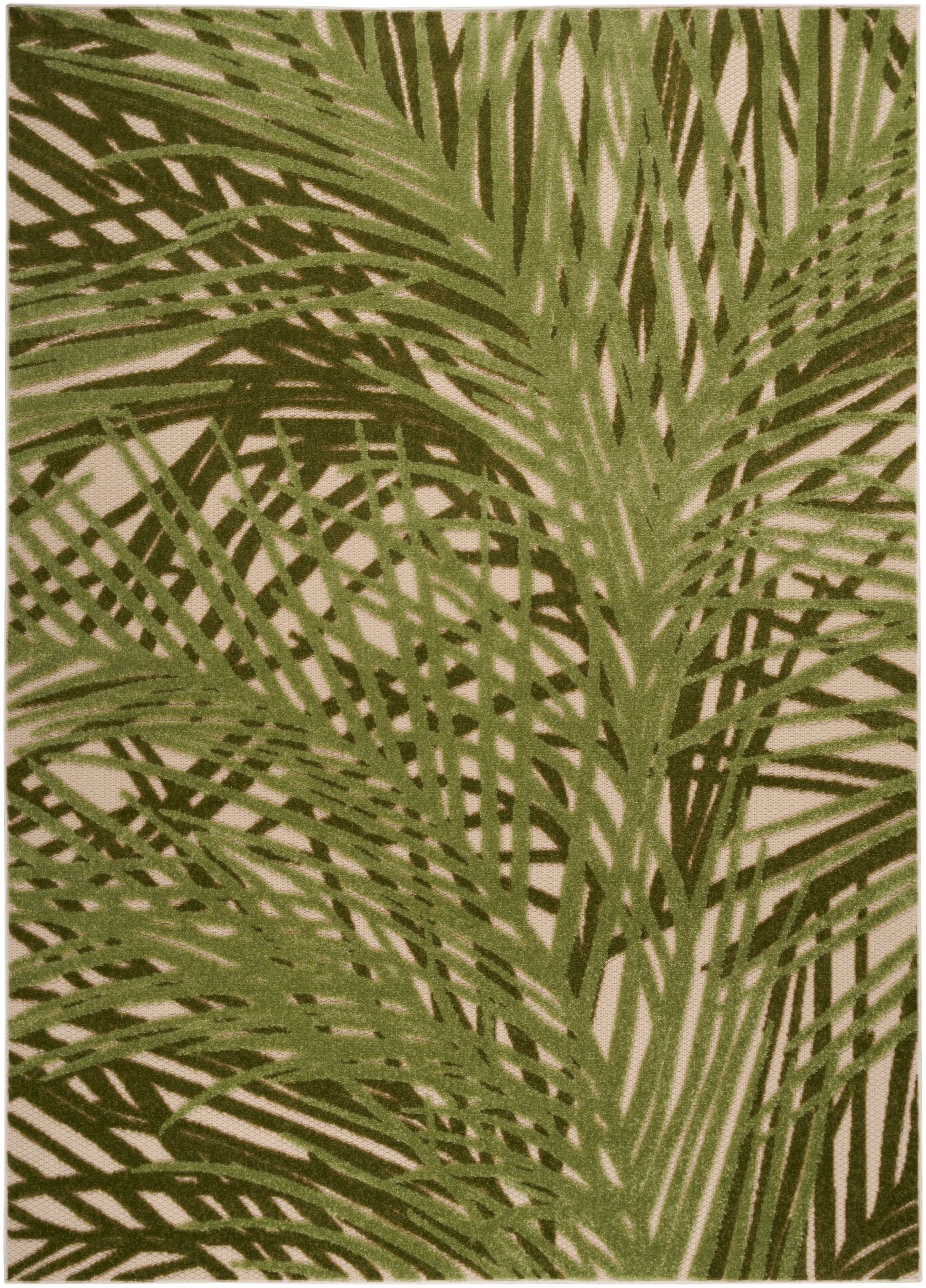 Outdoor rug featuring olive green palm leaf print on a beige background; tropical botanical pattern, 5' x 8'.