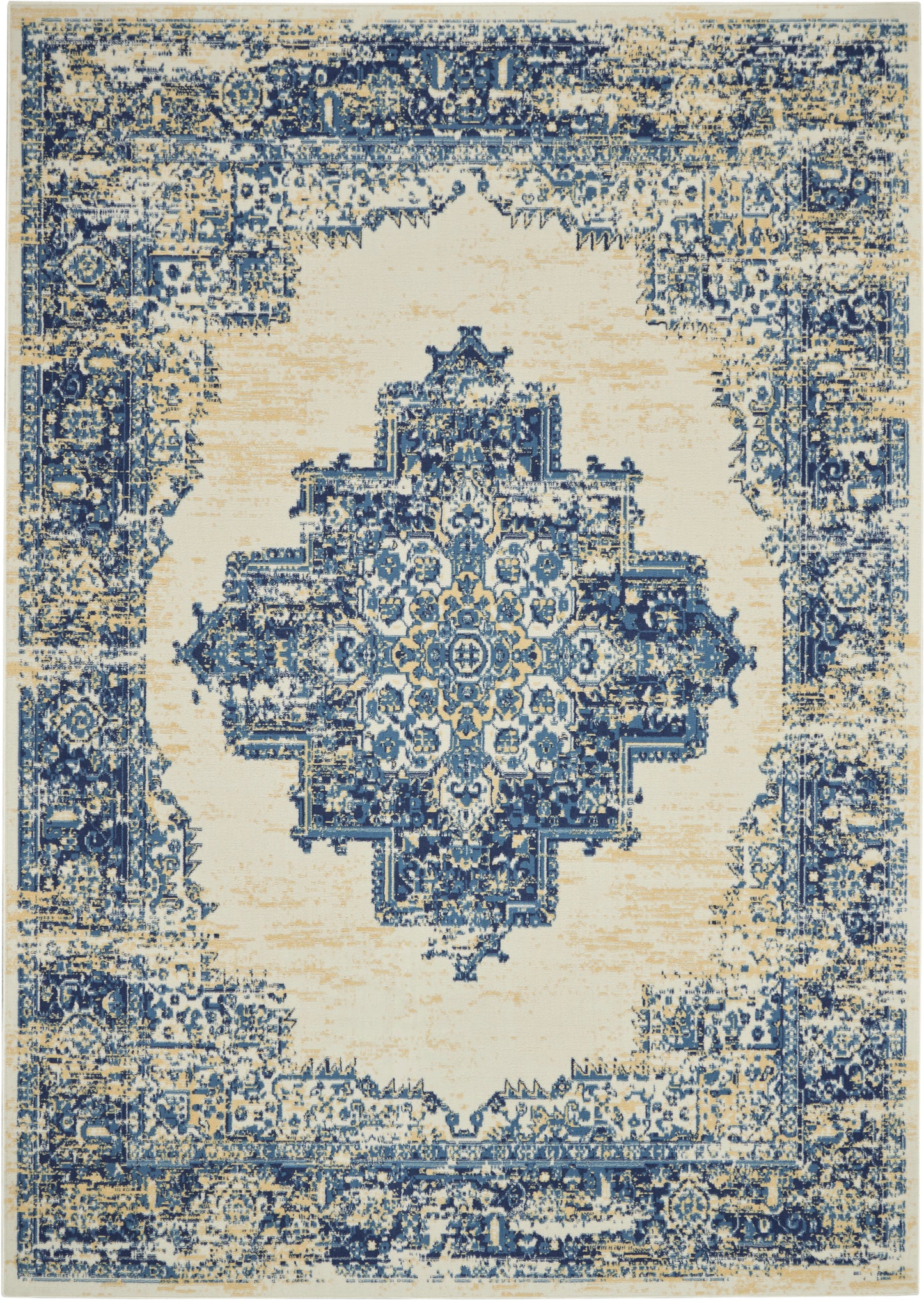 Persian-style area rug with cream field, navy central medallion and distressed blue border.