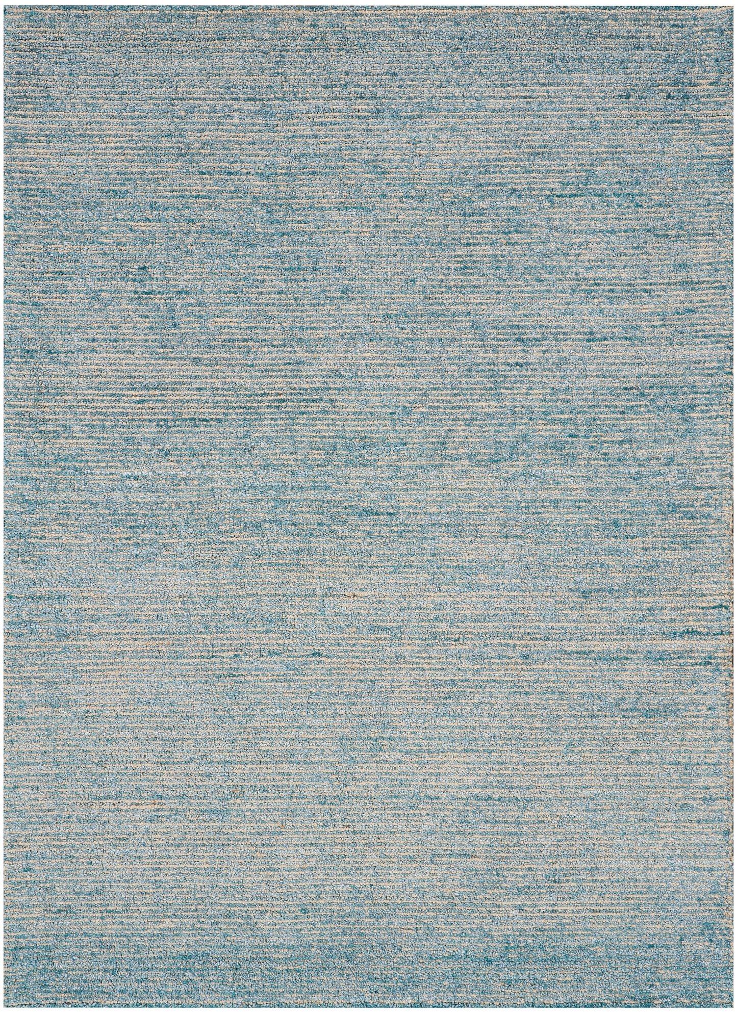 Blue-toned area rug with soft, variegated weave and faint horizontal stripes.