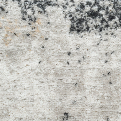 Shaggy ivory and charcoal area rug with dark specks; plush pile for modern living spaces.
