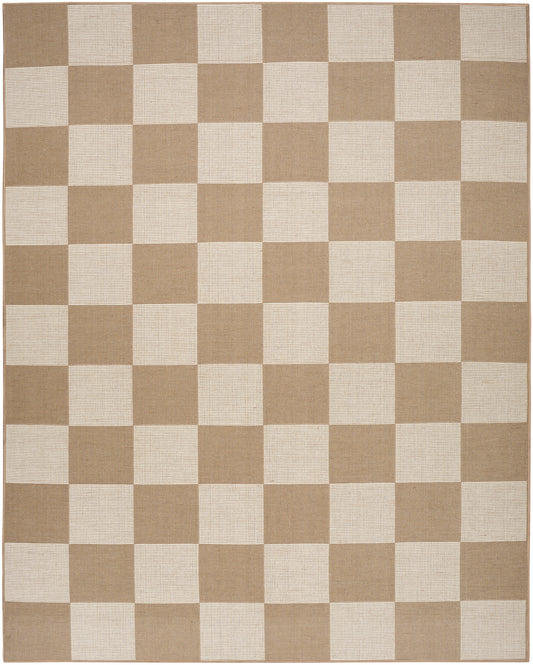 Rectangular beige and cream checkerboard rug with woven texture, casual contemporary decor.