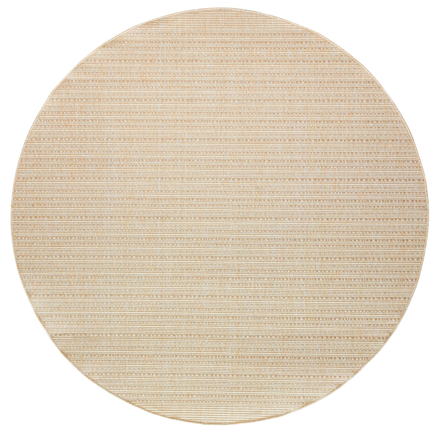 Round natural beige jute rug with subtle striped weave and textured surface.