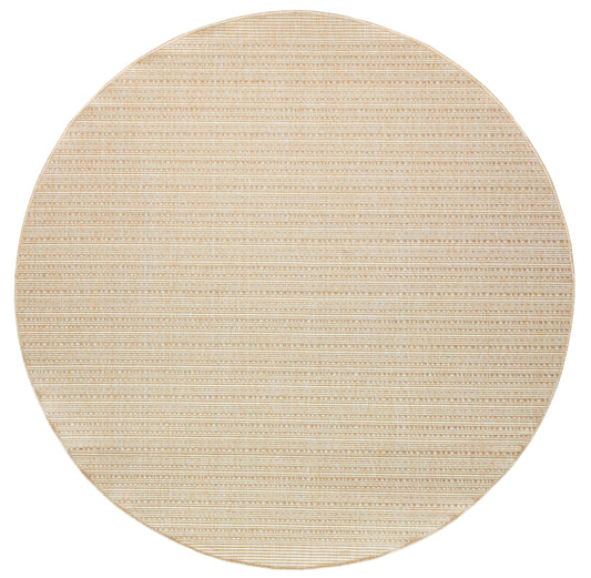 Round natural beige jute rug with subtle striped weave and textured surface.
