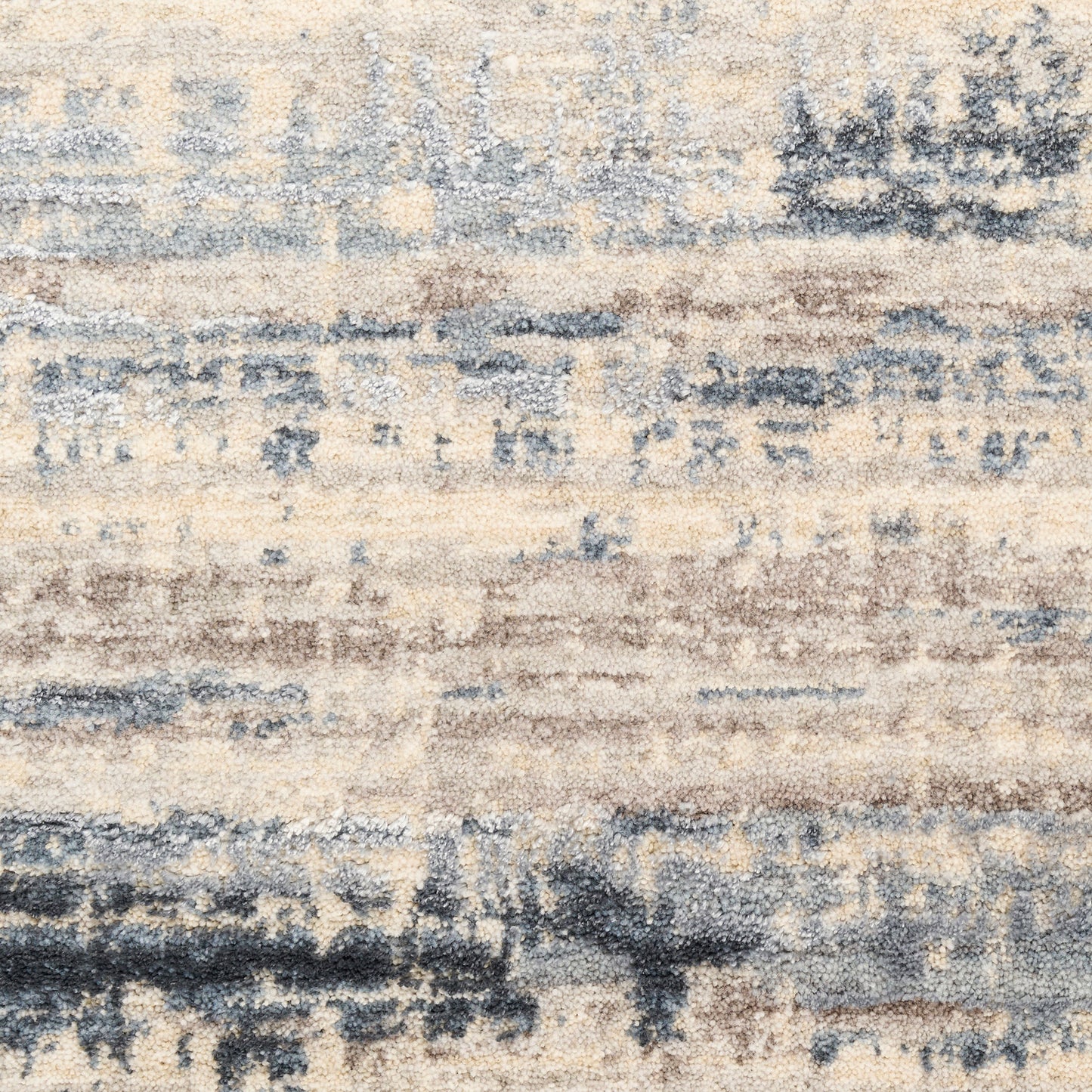 Soft plush area rug with abstract beige, cream, blue and gray brushstroke bands; modern rectangular decor.