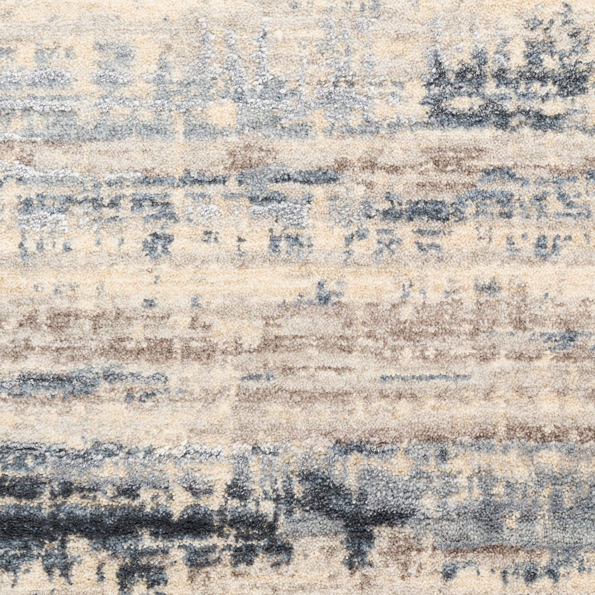 Soft plush area rug with abstract beige, cream, blue and gray brushstroke bands; modern rectangular decor.