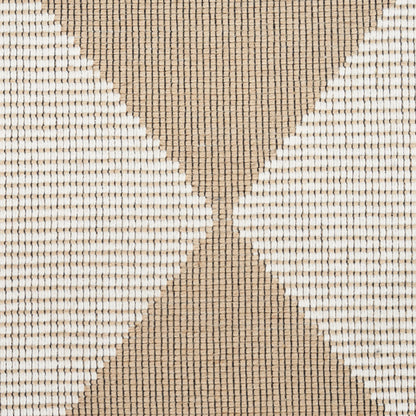 Beige and ivory woven rug with bold geometric diamond pattern and textured natural-fiber material.