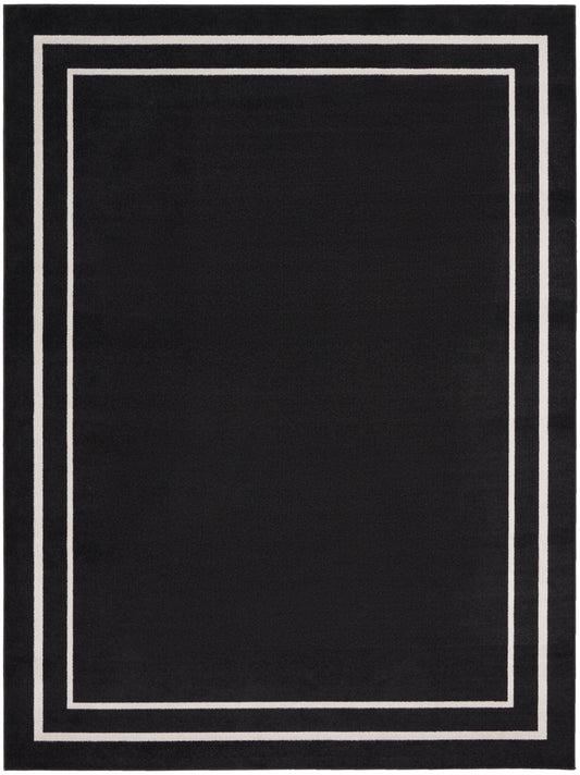 Black rectangular rug with layered white square borders framing the central field; modern geometric design.