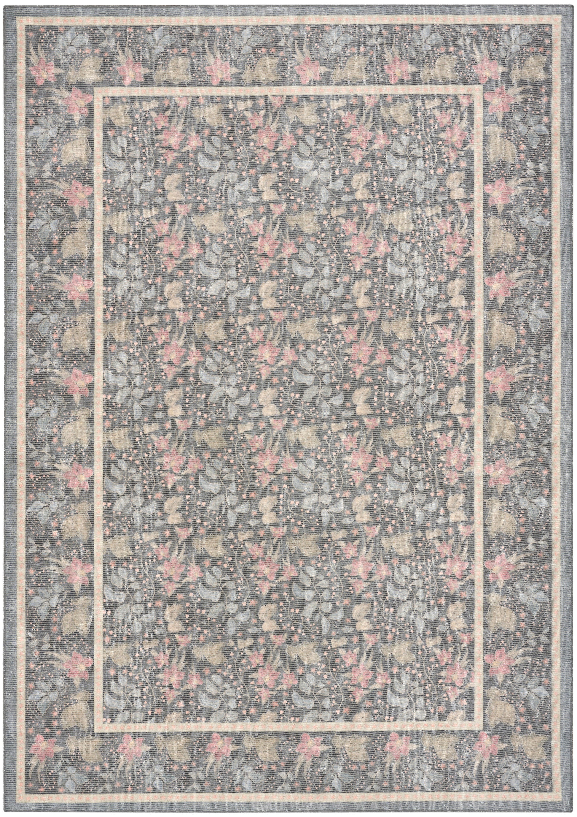 Rectangular gray area rug with pink floral motifs and pale cream inner border, traditional floral design.