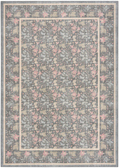 Rectangular gray area rug with pink floral motifs and pale cream inner border, traditional floral design.