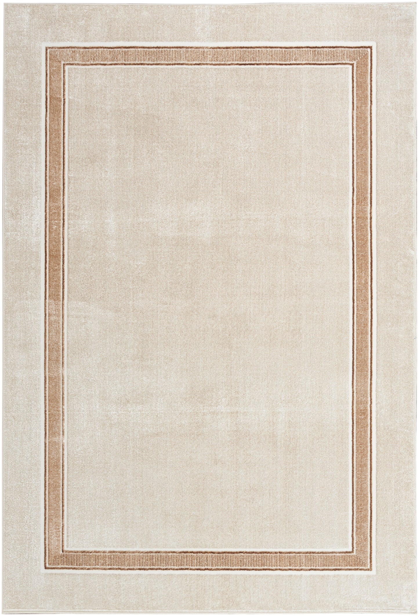 Cream rectangular area rug with double warm tan borders, clean contemporary design for living room or bedroom.