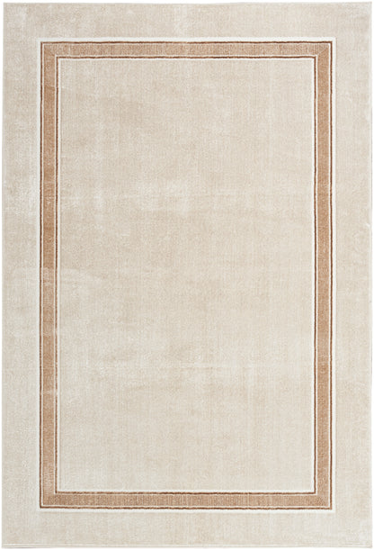 Cream rectangular area rug with double warm tan borders, clean contemporary design for living room or bedroom.