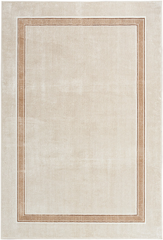 Cream rectangular area rug with double warm tan borders, clean contemporary design for living room or bedroom.