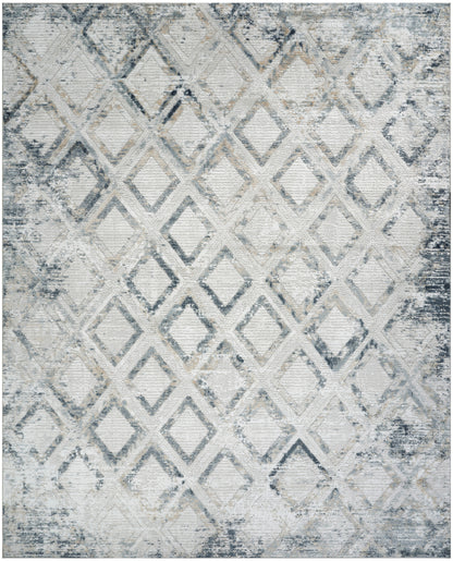 Rectangular distressed rug with a diamond lattice pattern in gray and ivory tones; modern vintage style.