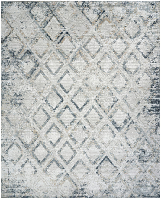Rectangular distressed rug with a diamond lattice pattern in gray and ivory tones; modern vintage style.