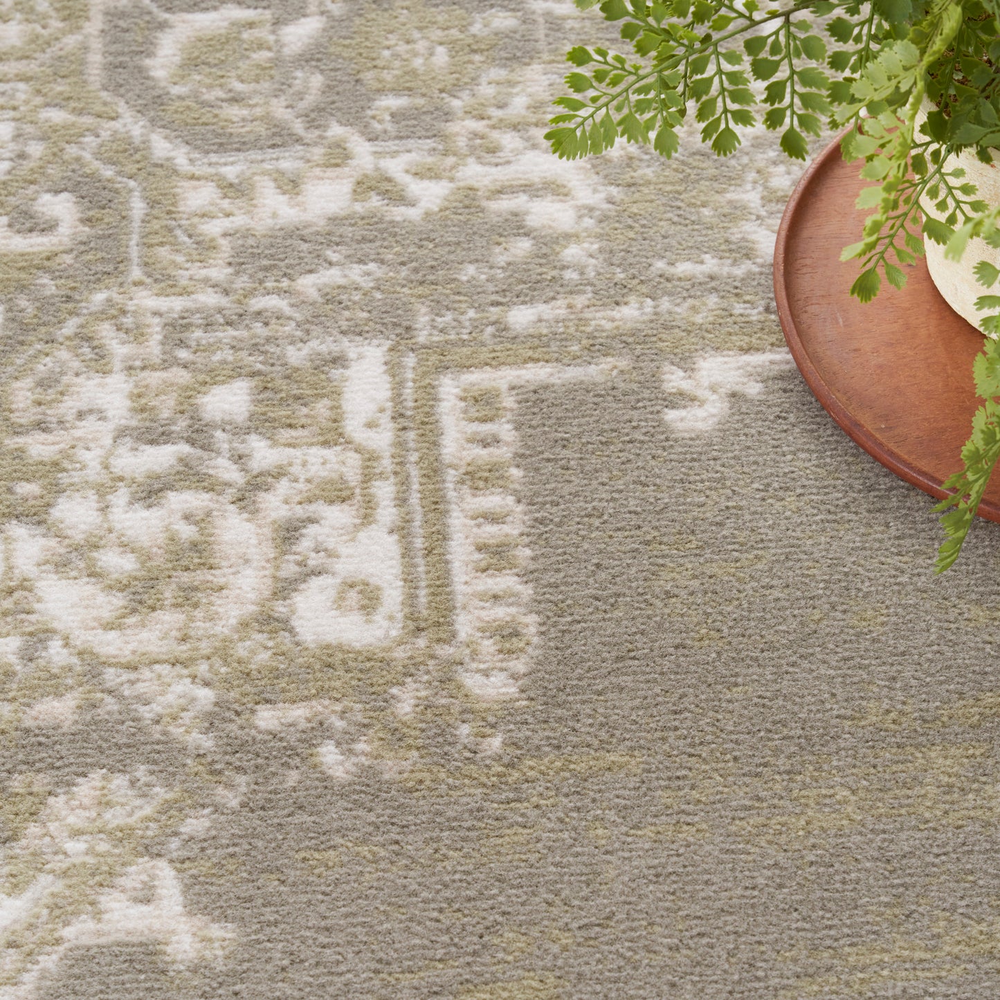 Gray-beige patterned rug with white geometric motifs, partial view, round wooden tray and fern plant at top-right.