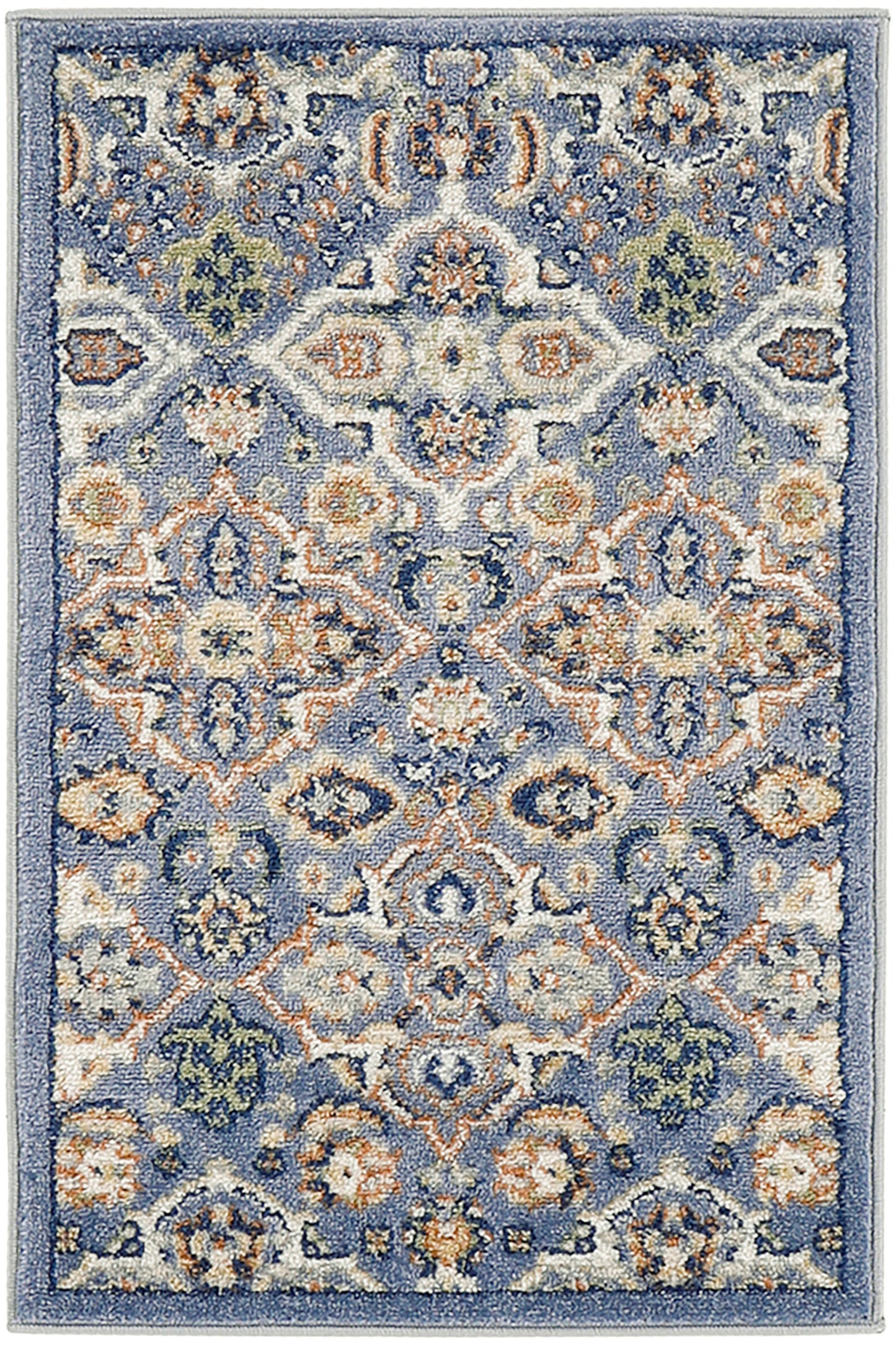 Rectangular blue Oriental area rug with ivory, peach, & green floral medallion pattern.