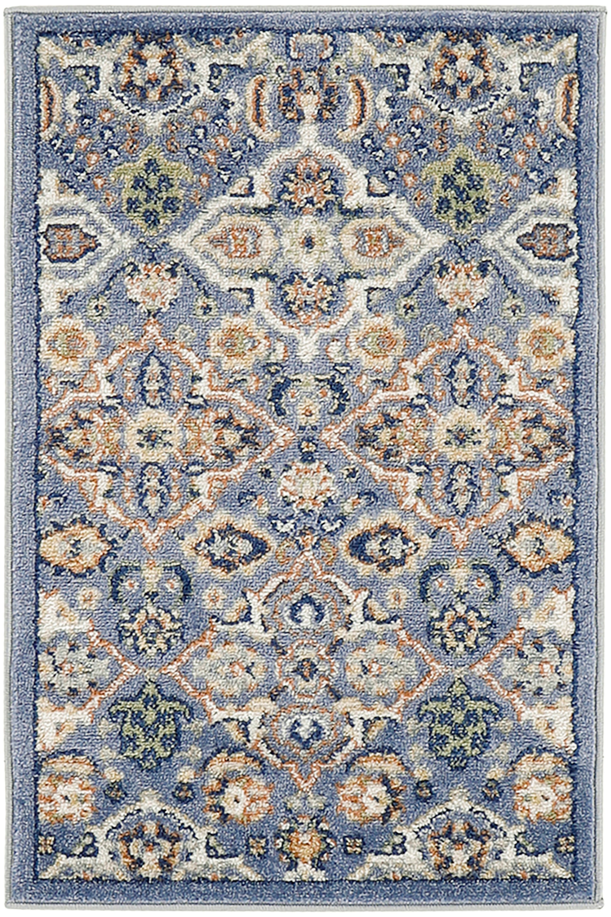 Rectangular blue Oriental area rug with ivory, peach, & green floral medallion pattern.
